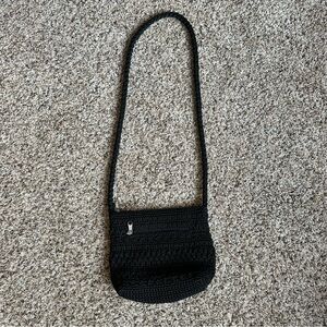 Lina Small Black Crochet Zip Top Crossbody Bag Purse